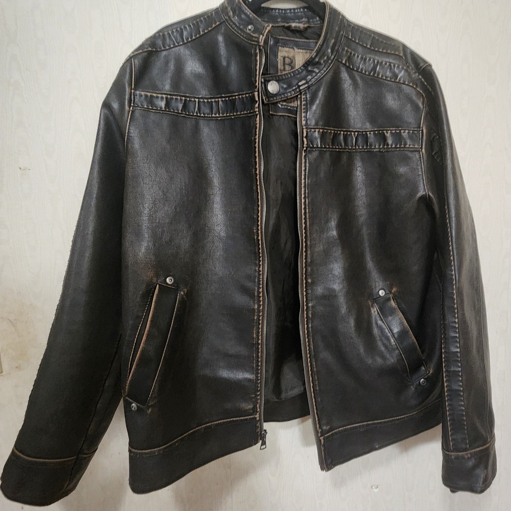 BKE Black Leather Jacket with Brown Stitching